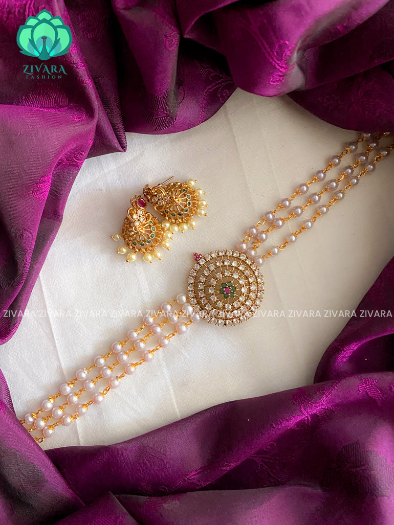 AD big pendant pearl choker with earrings - CZ matte finish- Zivara Fashion-
