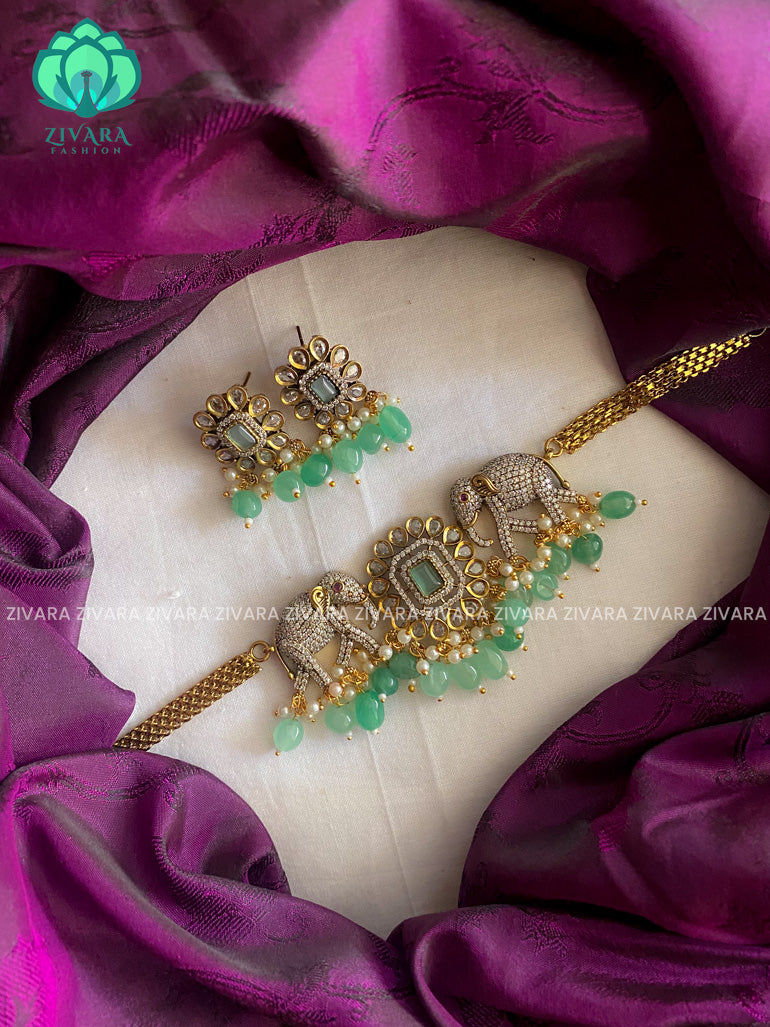 Elegant brilliant elephant Victorian polish finish choker with earrings  - Premium quality CZ Matte collection-south indian jewellery