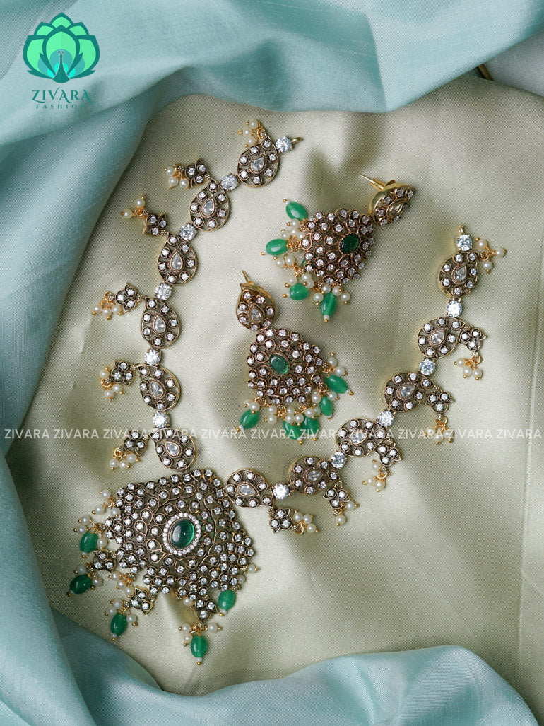Green beads - motif free - Ultra premium victoria finish dark polish trending neckwear collection- bridal collection- Zivara Fashion
