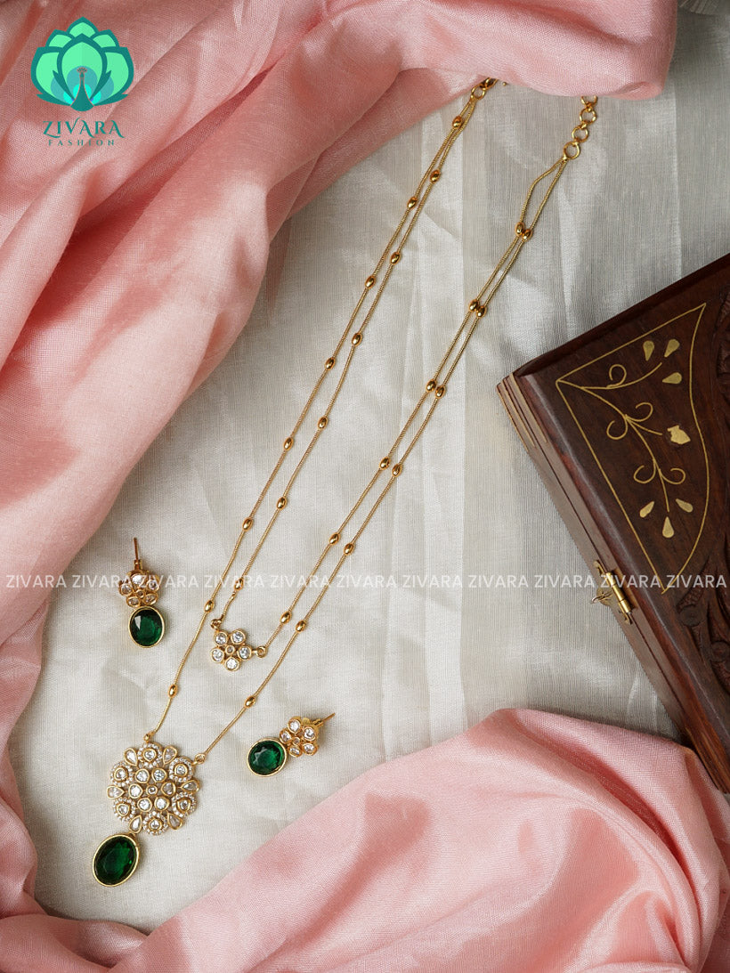 Dark green  -Layered colour stone and flower pendant  - stylish and minimal elegant neckwear with earrings- Zivara Fashion