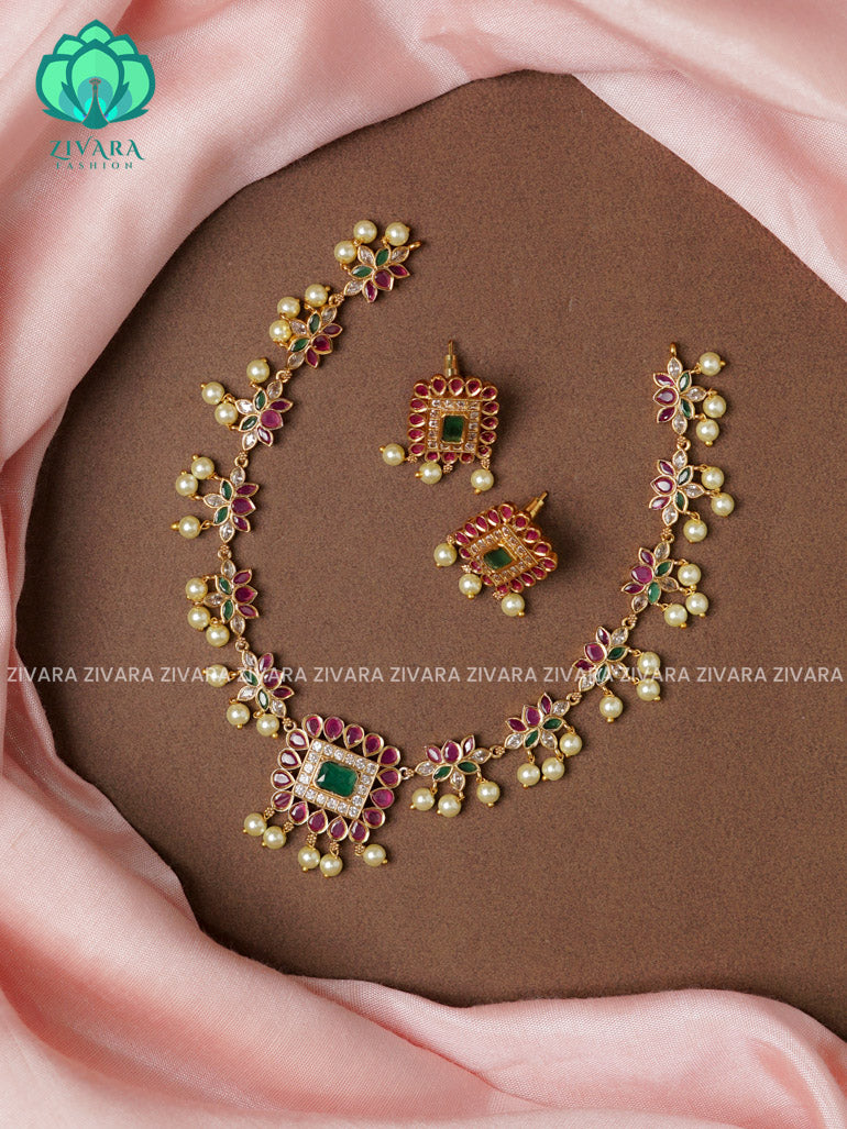RUBY AND GREEN - LOTUS WITH SQUARE PENDANT - Traditional south indian premium neckwear with earrings- Zivara Fashion- latest jewellery design