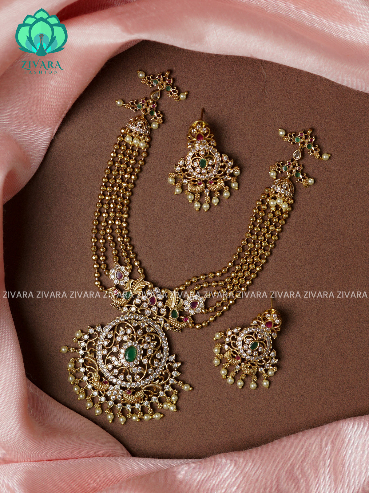 BALL CHAIN AND ROUND PENDANT  -Traditional south indian premium neckwear with earrings- Zivara Fashion- latest jewellery design.