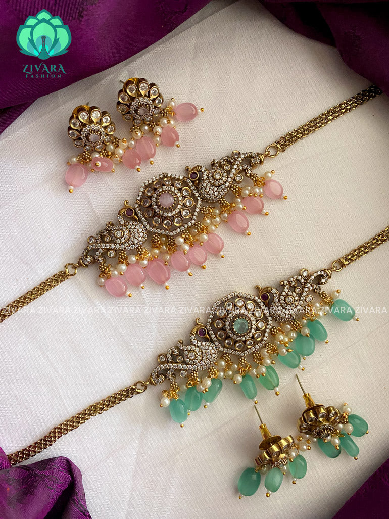 Kids friendly Cute Motif free (3 inch plus extension )Victorian polish finish peacock choker with earrings  - Premium quality CZ Matte collection-south indian jewellery