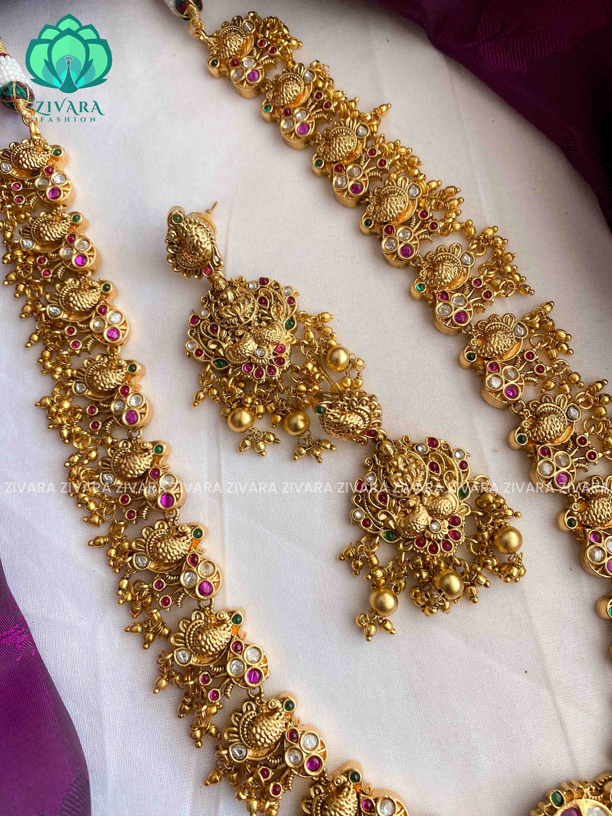 Bridal temple long haaram with earrings- Premium quality CZ Matte collection