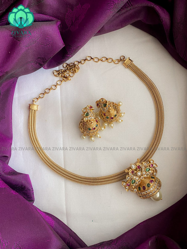Flexible chain  pendant necklace with  earrings - CZ Matte Finish- Zivara Fashion