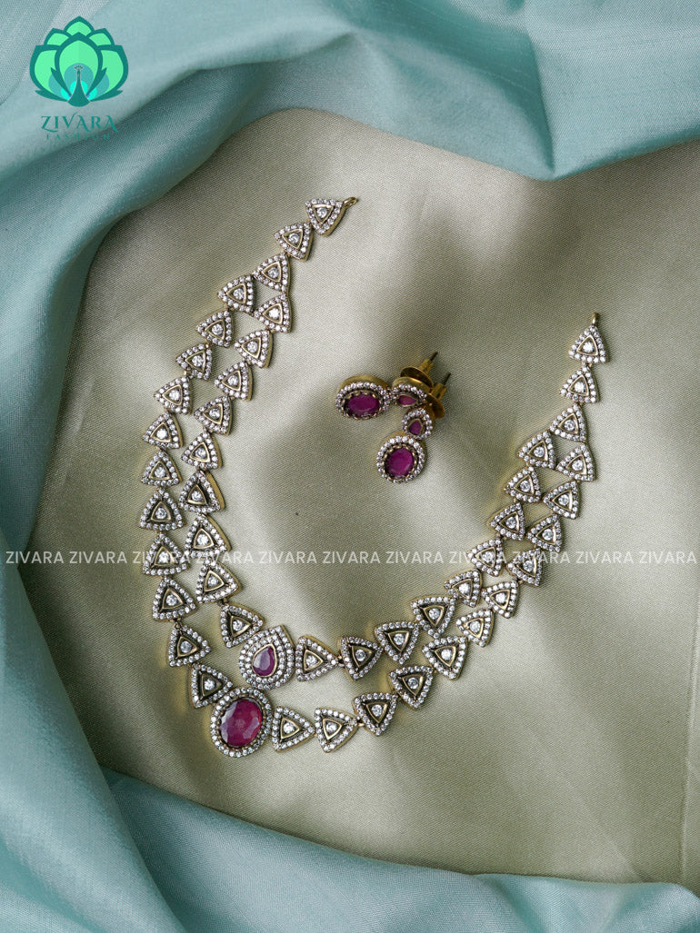 Step- Diamond look alike  - Ultra premium victoria finish dark polish trending neckwear collection- bridal collection- Zivara Fashion