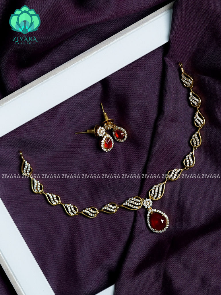 Swirly RUBY stone pendant  - stylish and minimal elegant neckwear with earrings- Zivara Fashion