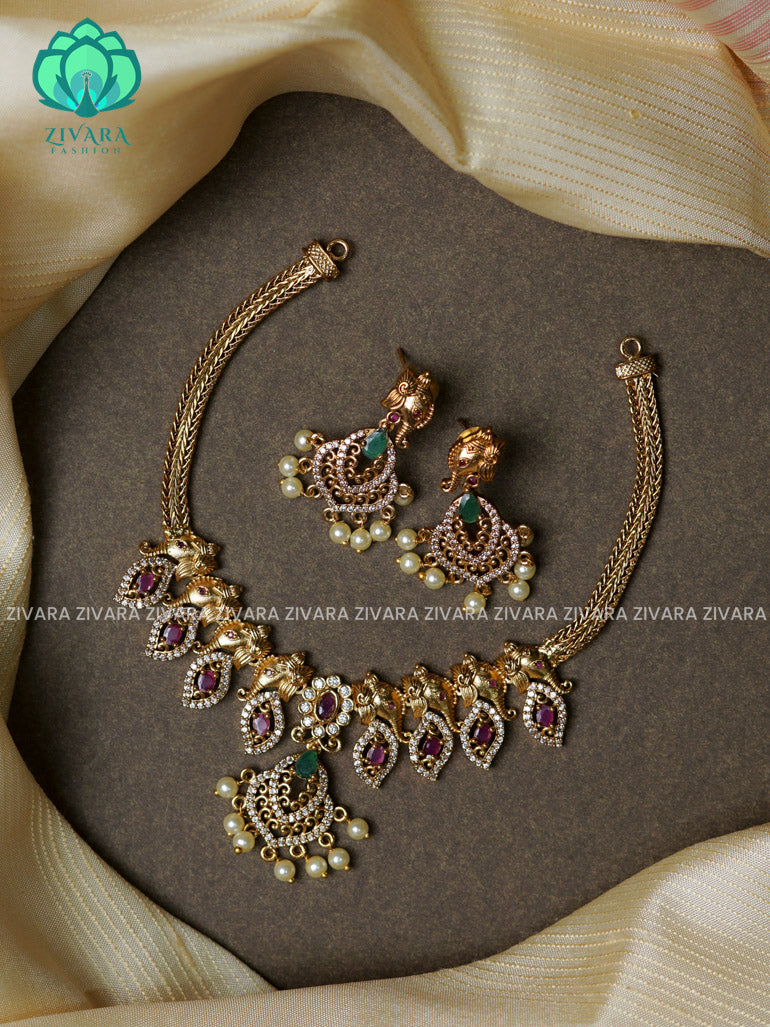 Flexible chain elephant motif-Traditional south indian premium neckwear with earrings- Zivara Fashion- latest jewellery design.