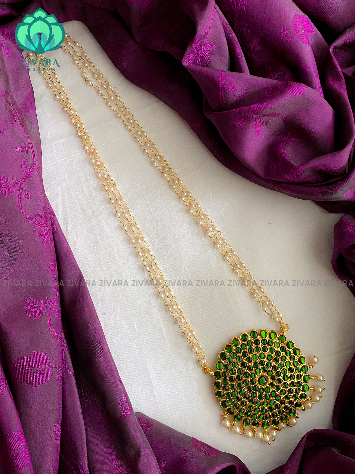 Chaya - Traditional kemp neckwear  with pearl bunch chain-south indian kemp neckwear for women