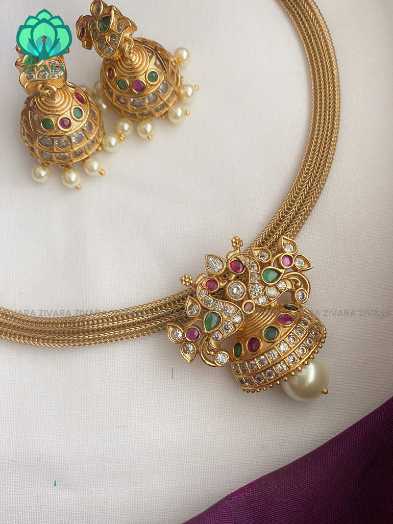 Flexible chain  pendant necklace with  earrings - CZ Matte Finish- Zivara Fashion