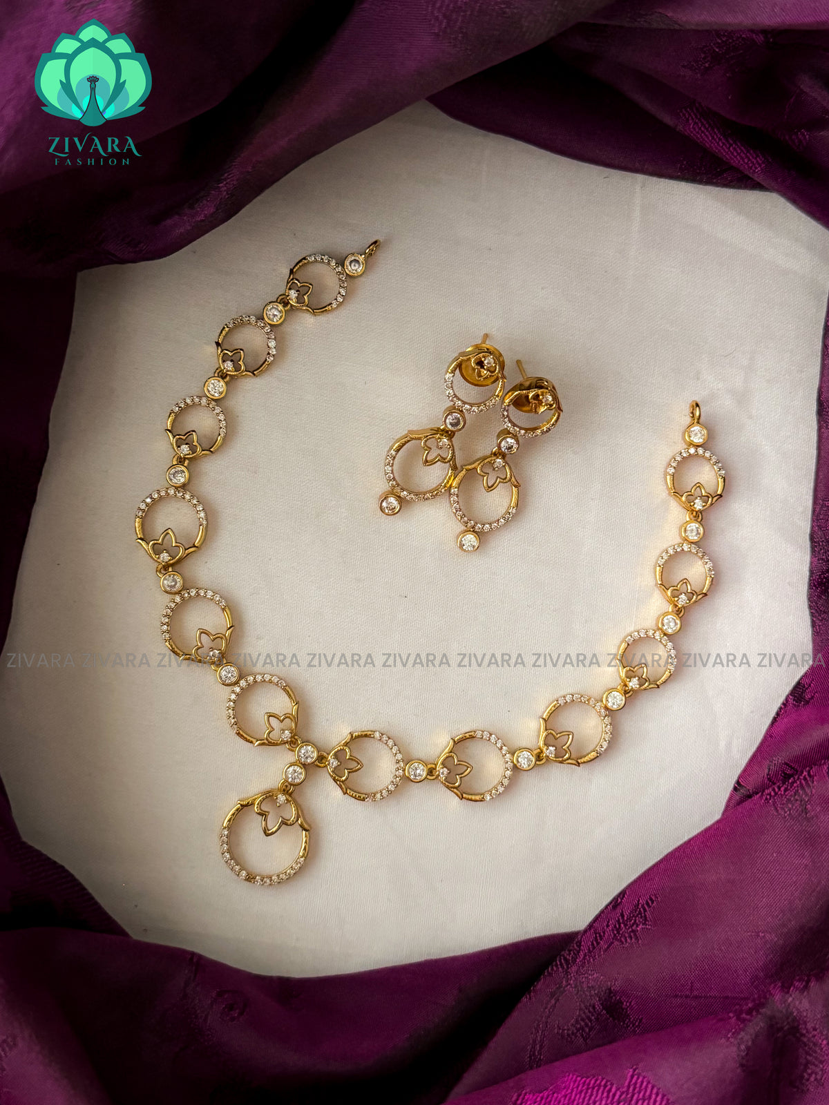 Cute elegant circle and flower white stone Neckwear with earrings- Zivara Fashion