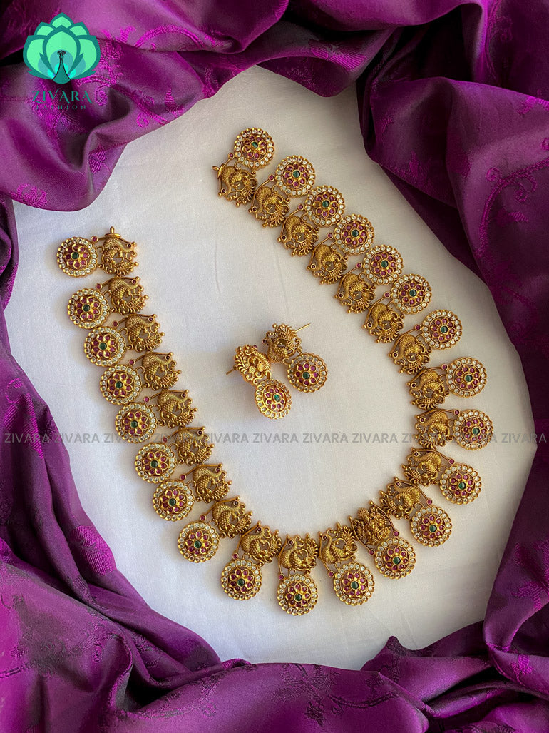 Grand Bridal Real kemp  temple midchest Haaram with earrings- CZ Matte Finish- Zivara Fashion