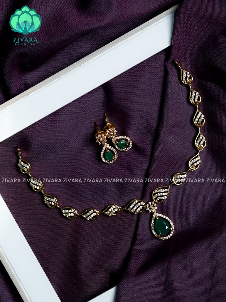 Swirly GREEN stone pendant  - stylish and minimal elegant neckwear with earrings- Zivara Fashion