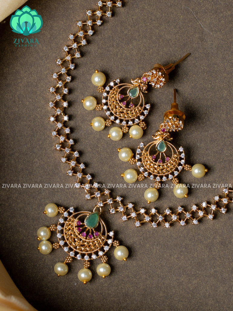Motif free oval pendant -Traditional south indian premium neckwear with earrings- Zivara Fashion- latest jewellery design.