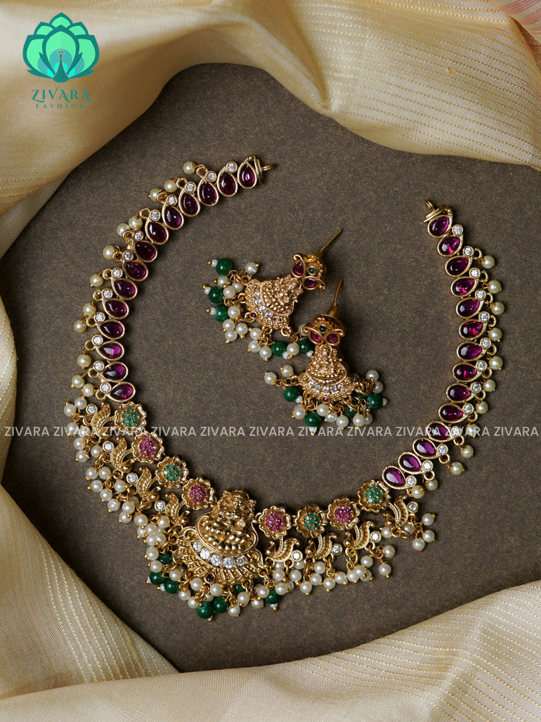 Real kemp green beads guttapusalu temple  -Traditional south indian premium neckwear with earrings- Zivara Fashion- latest jewellery design.