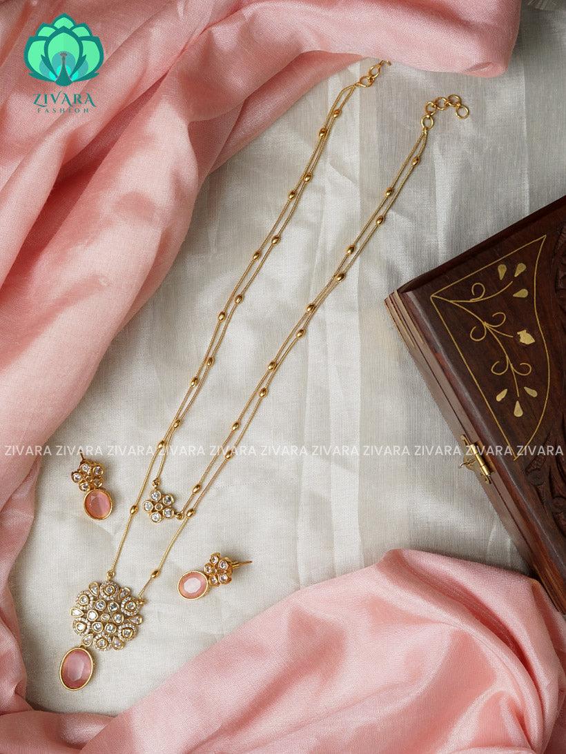Pastel pink  -Layered colour stone and flower pendant  - stylish and minimal elegant neckwear with earrings- Zivara Fashion