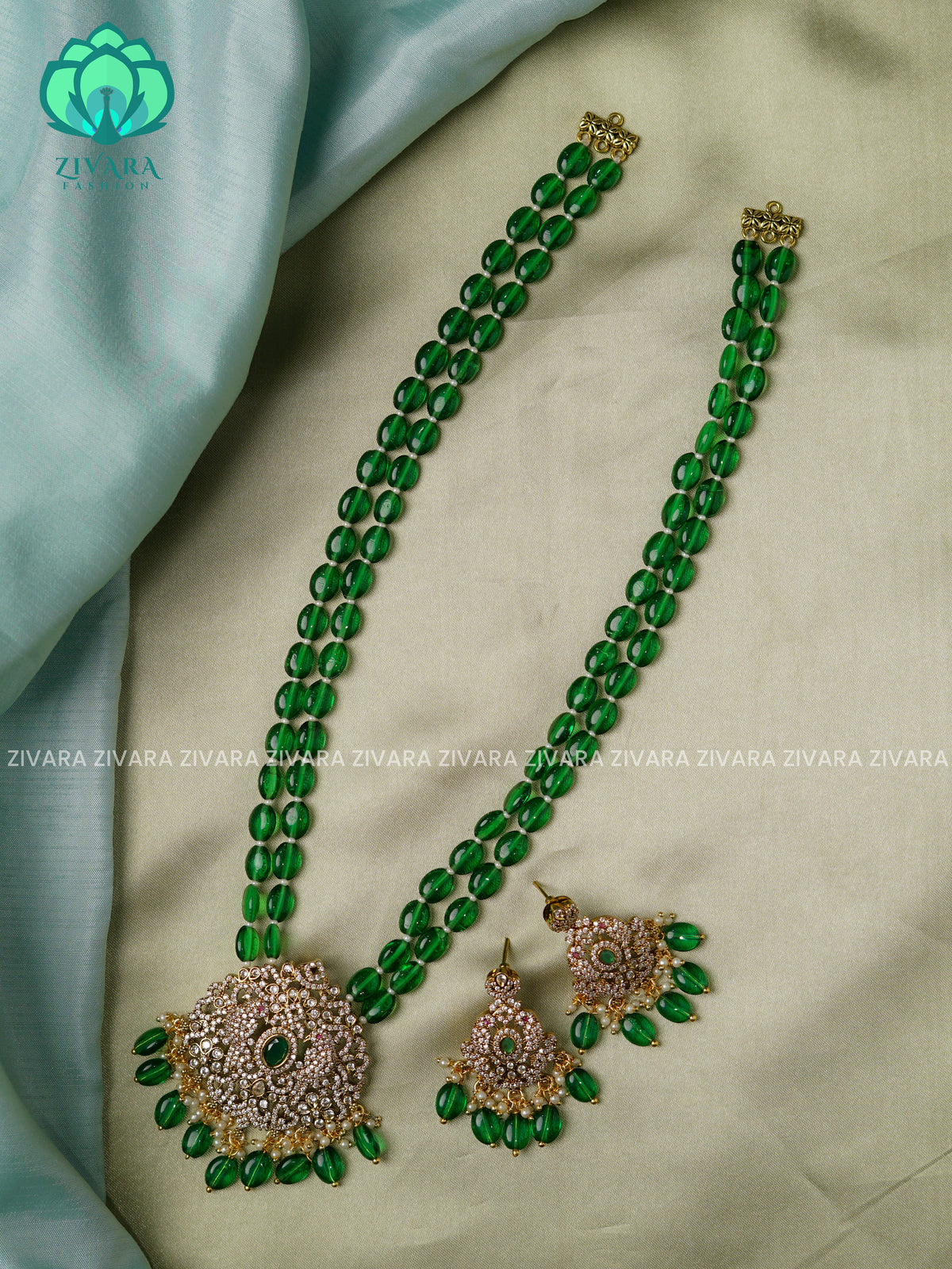 DARK GREEN BEADED - Traditional DARK VICTORIA polish MIDCHEST haaram/neckwear with earrings- Zivara Fashion (Copy)