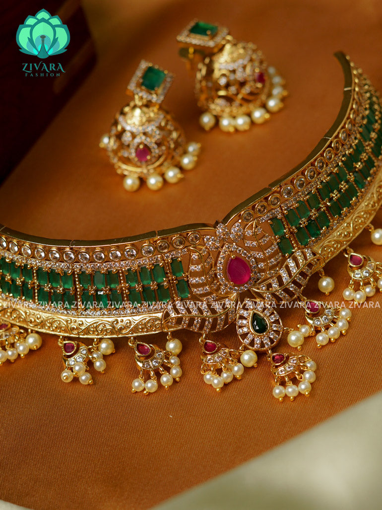 BRIDAL LOTUS GREEN  -TRADITIONAL CHOKER COLLECTION WITH EARRINGS- LATEST JEWELLERY COLLECTION