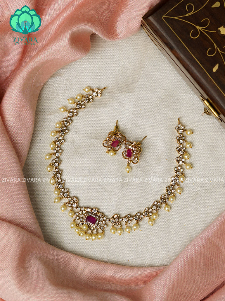 RUBY SMALL SIZE BRIDAL POLKI  - Traditional south indian premium neckwear with earrings- Zivara Fashion- latest jewellery design