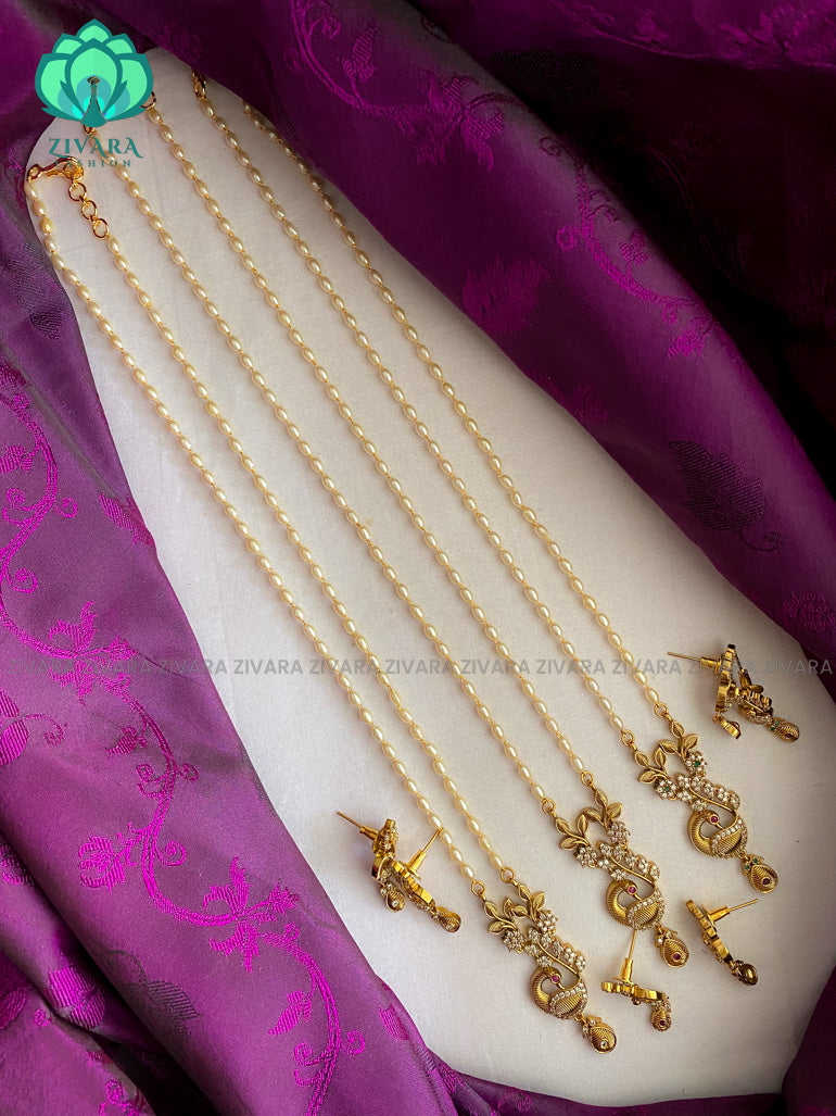 9 inches long pearl chain peacock pendant necklace with earrings - Premium quality CZ Matte collection