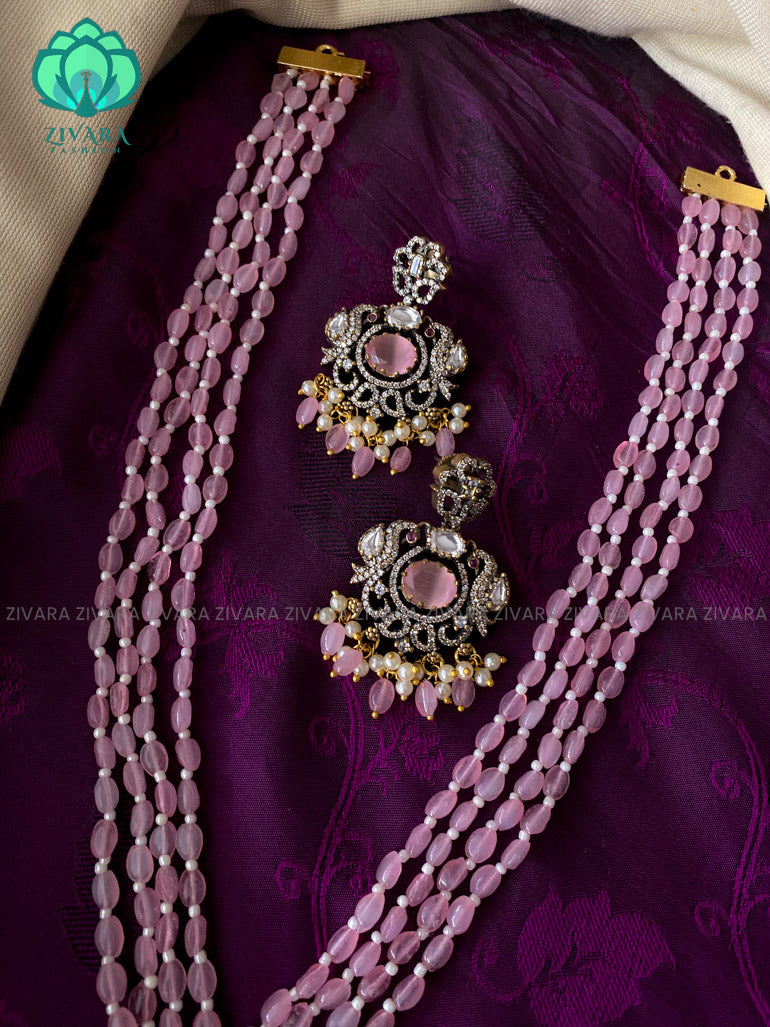 Victorian finish PINK beads long haaram with stones- Premium quality CZ Matte collection