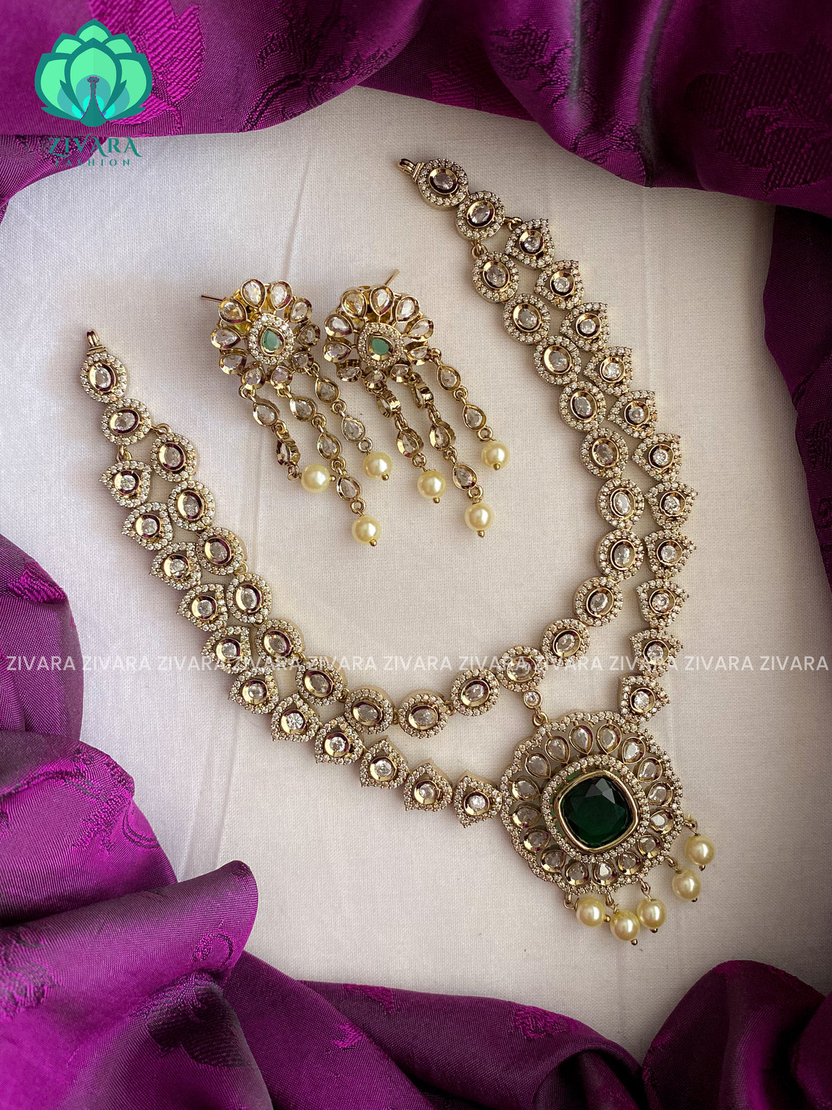 Elegant brilliant Victorian polish step neckwear with earrings  - Premium quality CZ Matte collection-south indian jewellery