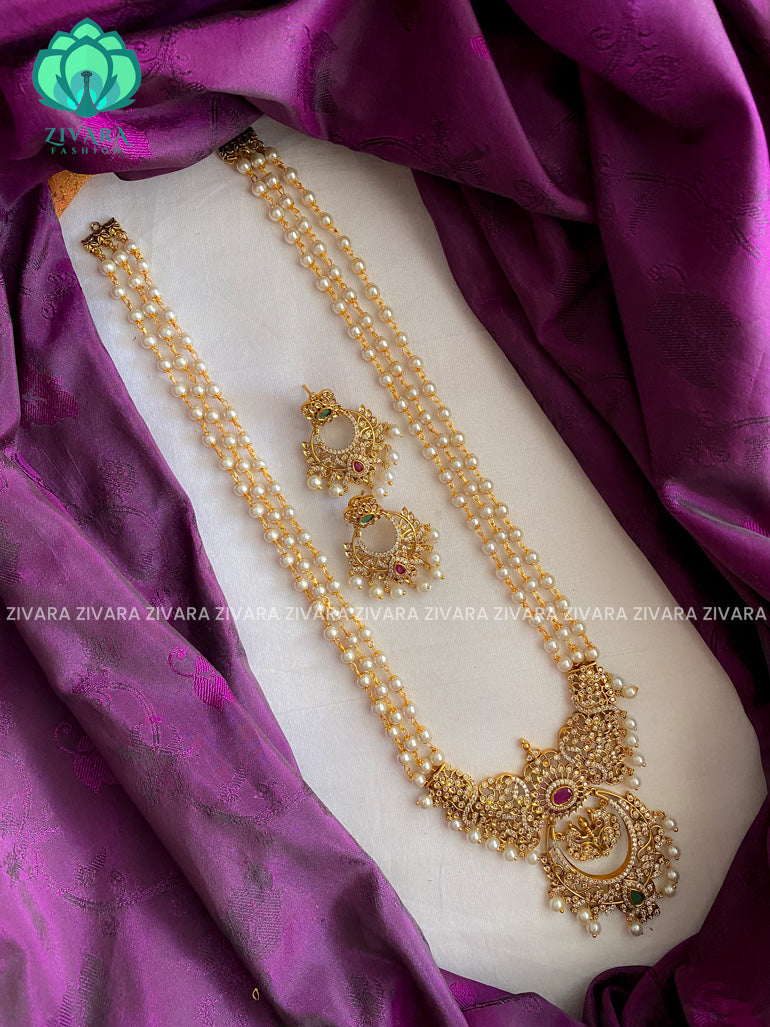 Pearl chain long haaram in CZ pendant with earrings- CZ Matte Finish- Zivara Fashion