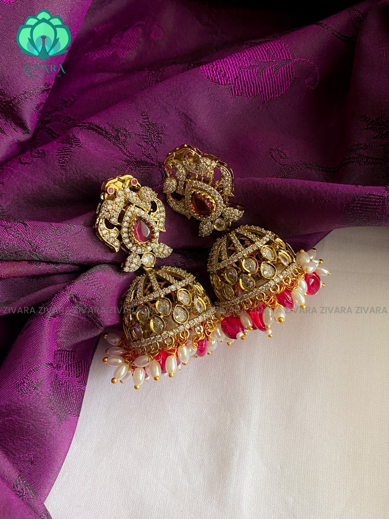 Huge victorian polish jhumka with red beads - latest trending jewellery collection