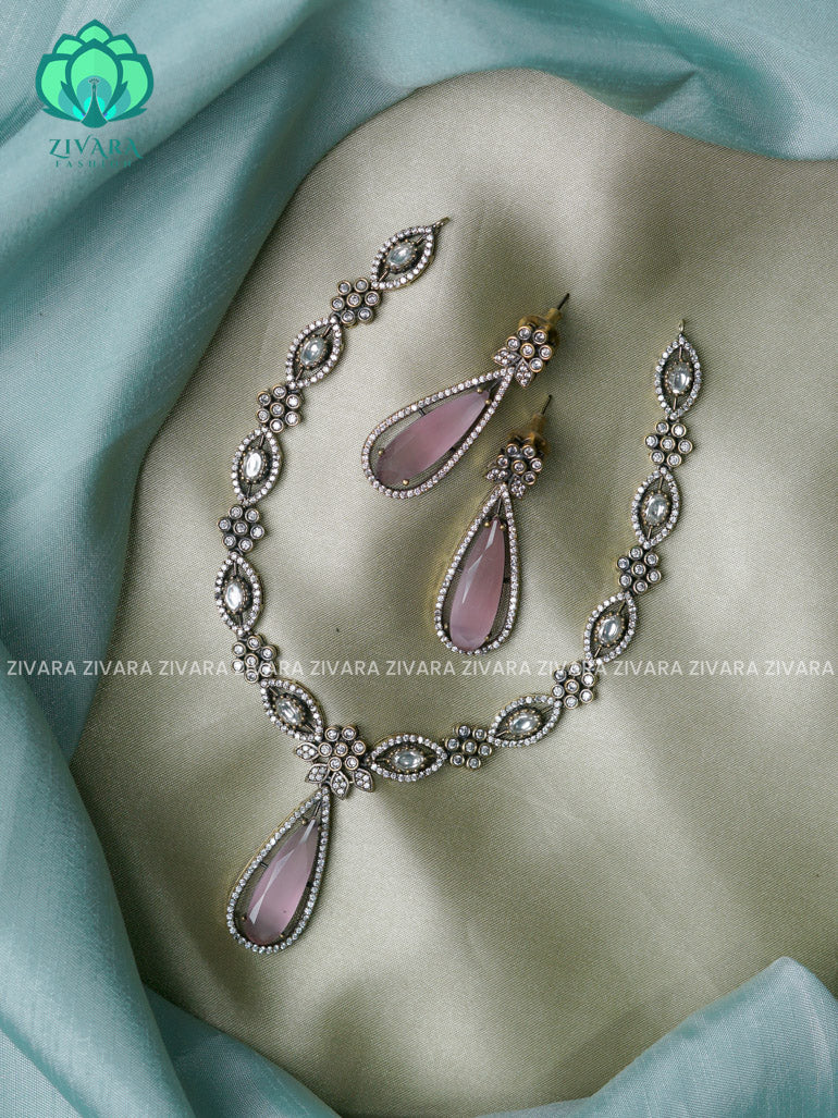 Pastel Pink -Tear pendant - Diamond look alike  - Ultra premium victoria finish dark polish trending neckwear collection- bridal collection- Zivara Fashion