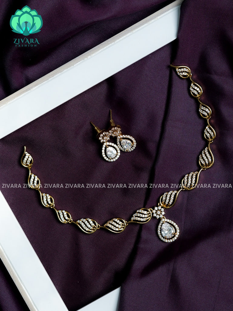 Swirly WHITE stone pendant  - stylish and minimal elegant neckwear with earrings- Zivara Fashion