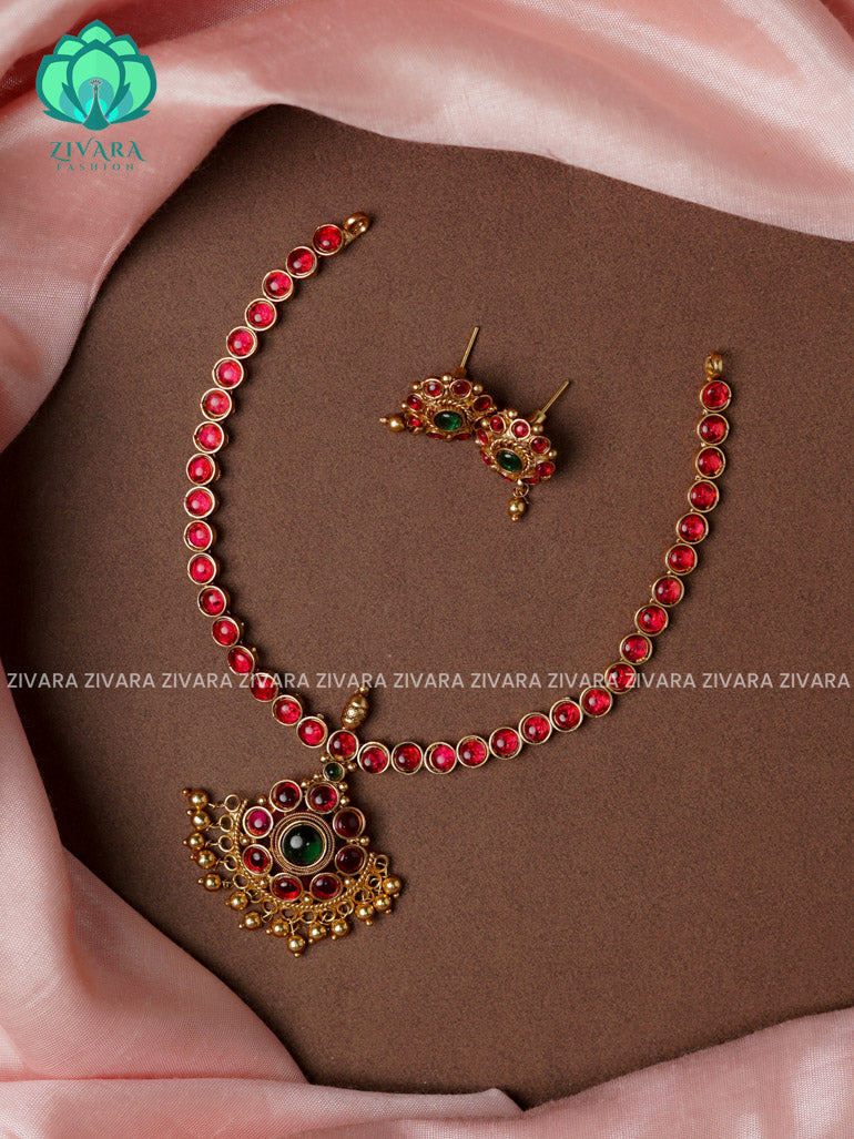 RUBY AND GREEN STONE ATTIGAI -Traditional south indian NORMAL MATTE neckwear with earrings- Zivara Fashion- latest jewellery design