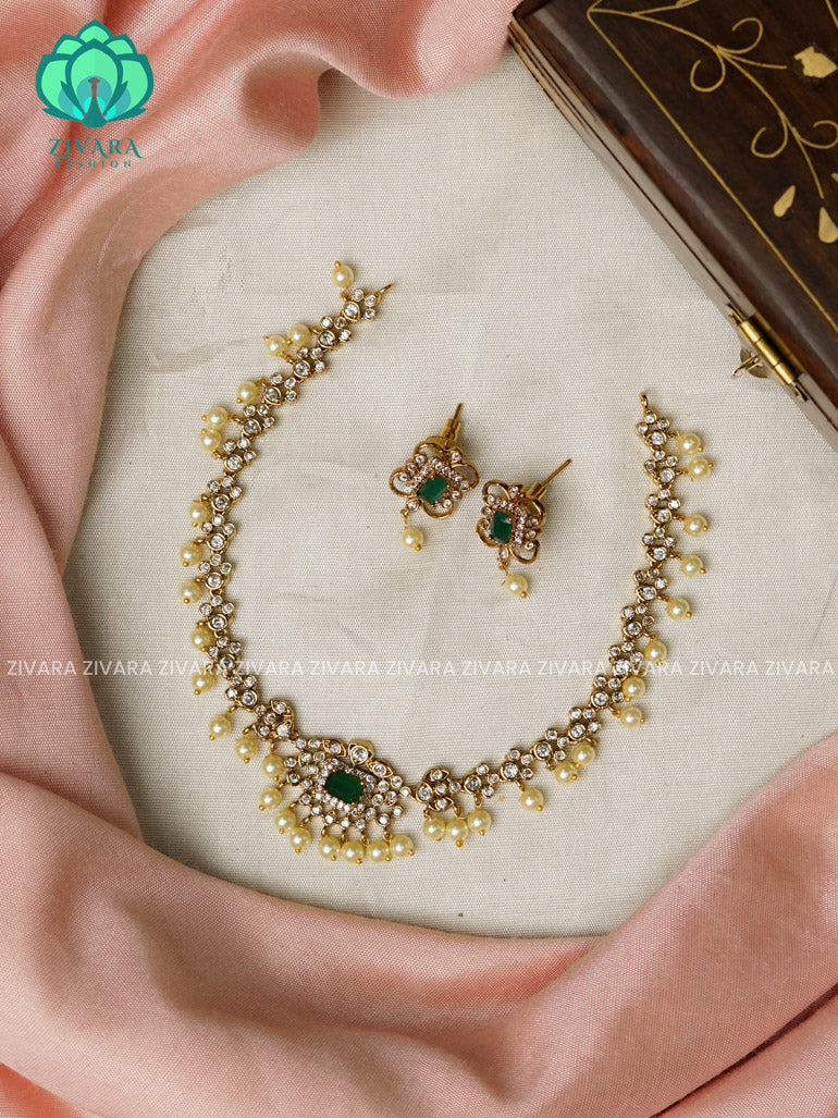 GREEN SMALL SIZE BRIDAL POLKI  - Traditional south indian premium neckwear with earrings- Zivara Fashion- latest jewellery design