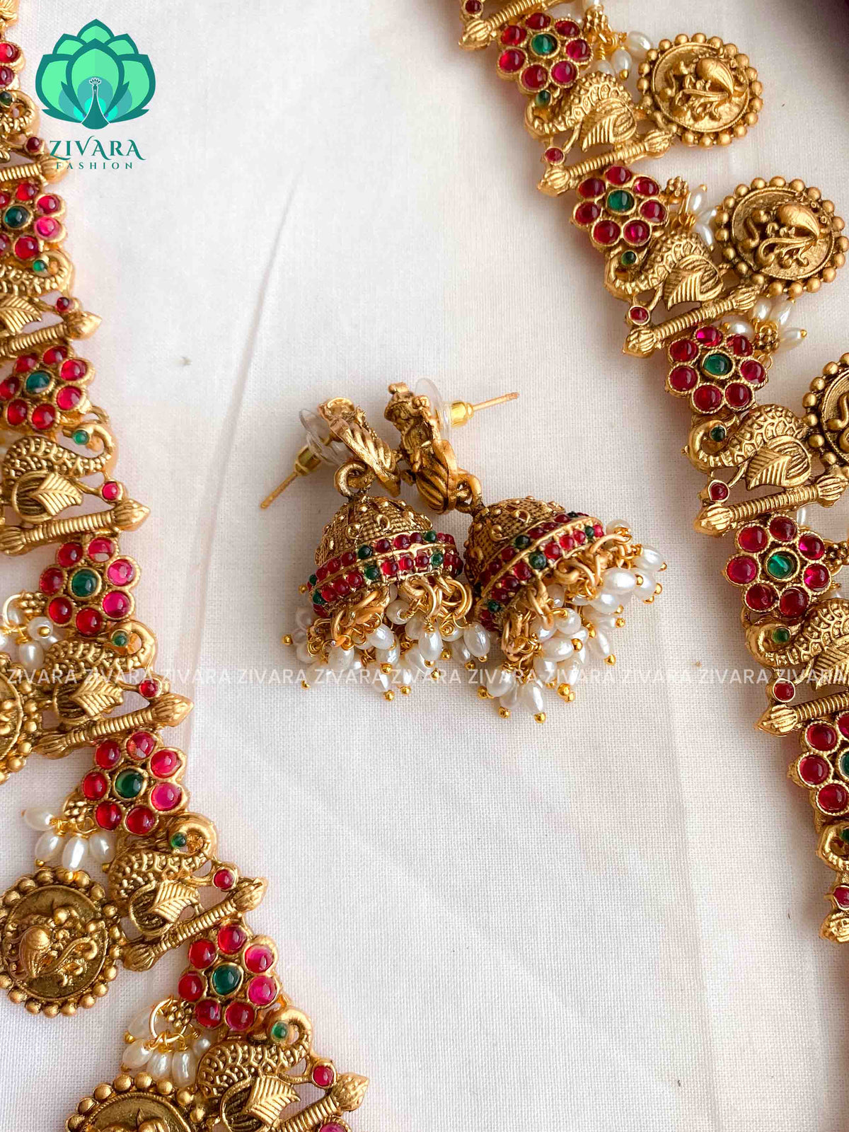 BRIDAL TEMPLE STONE  - Traditional NORMAL MATTE polish MIDCHEST haaram/neckwear with earrings- Zivara Fashion