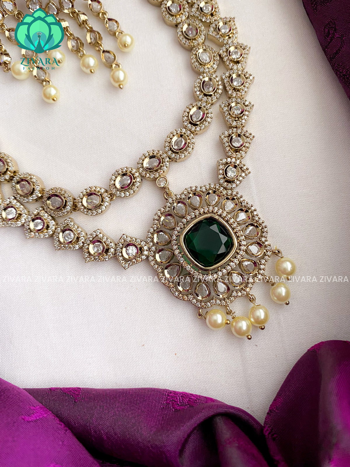 Elegant brilliant Victorian polish step neckwear with earrings  - Premium quality CZ Matte collection-south indian jewellery