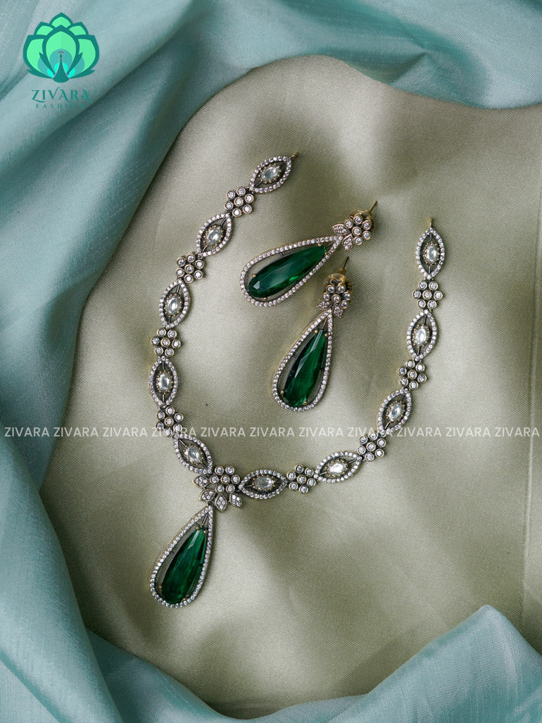 Green -Tear pendant - Diamond look alike  - Ultra premium victoria finish dark polish trending neckwear collection- bridal collection- Zivara Fashion