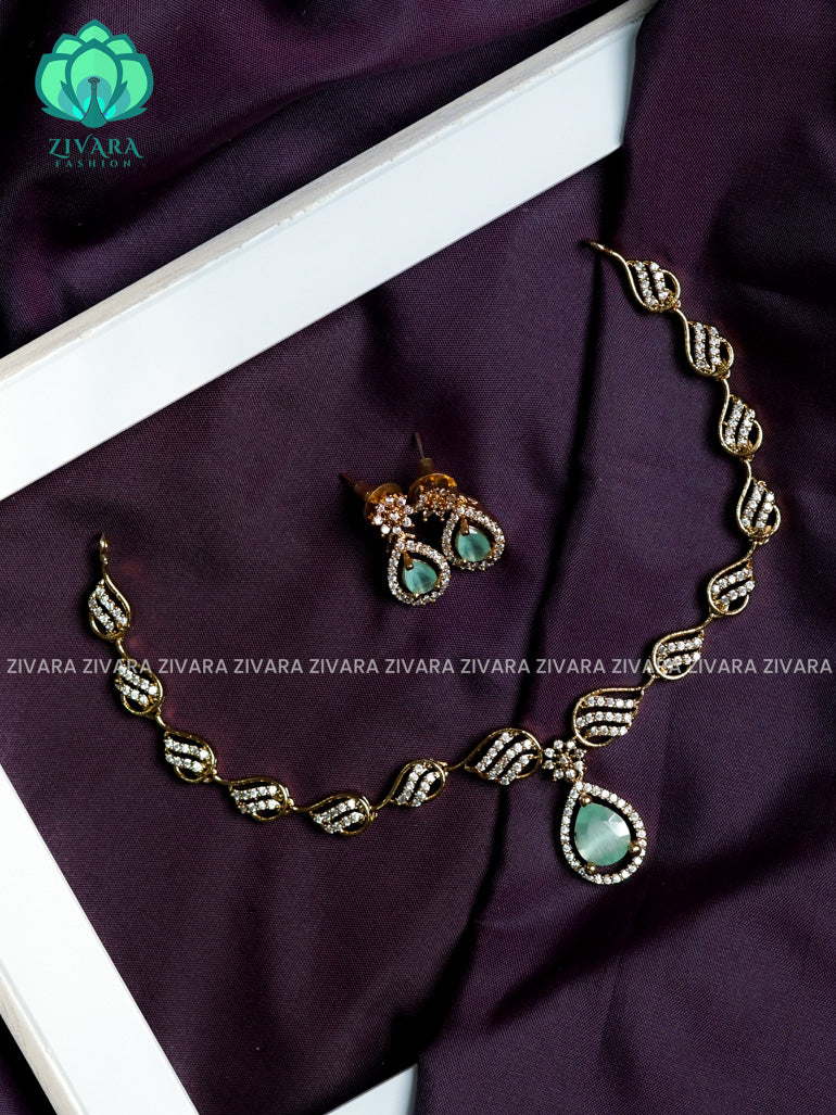 Swirly PASTEL GREEN stone pendant  - stylish and minimal elegant neckwear with earrings- Zivara Fashion