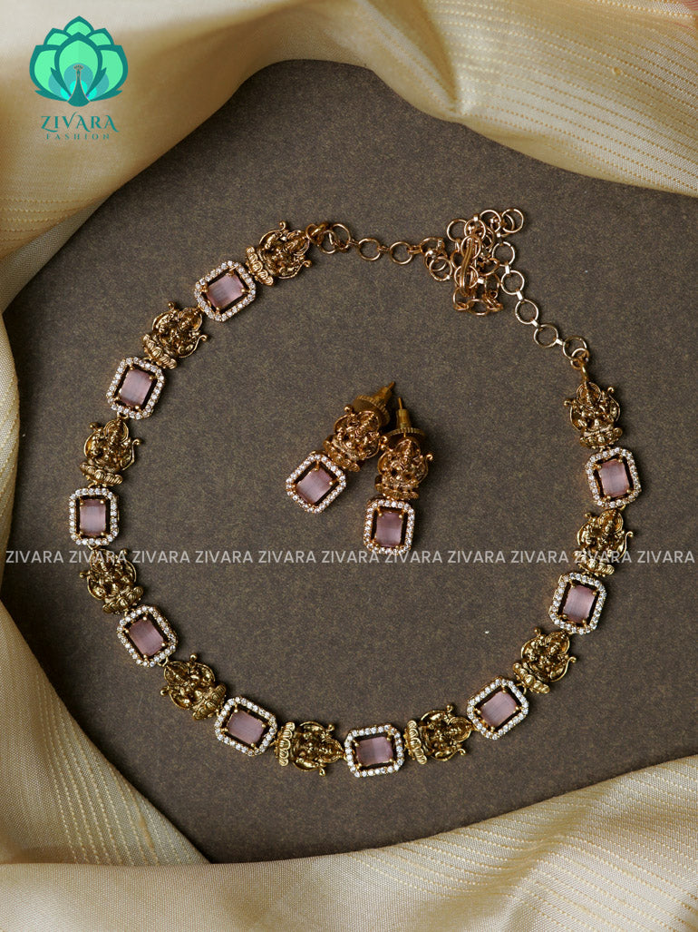 Pastel pink temple  -Traditional south indian premium neckwear with earrings- Zivara Fashion- latest jewellery design.