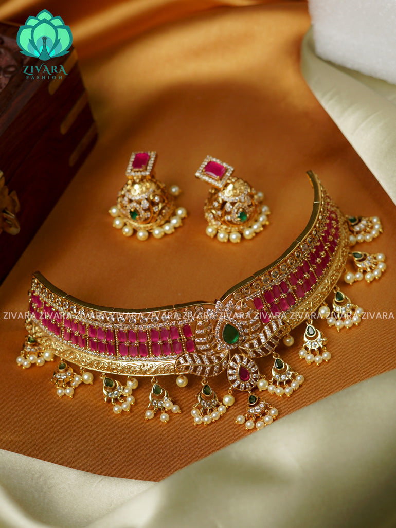 BRIDAL LOTUS RUBY  -TRADITIONAL CHOKER COLLECTION WITH EARRINGS- LATEST JEWELLERY COLLECTION