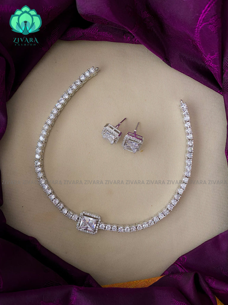 Simple Silver Stone chain Motif free kids friendly elegant neckwear with earrings- Zivara Fashion
