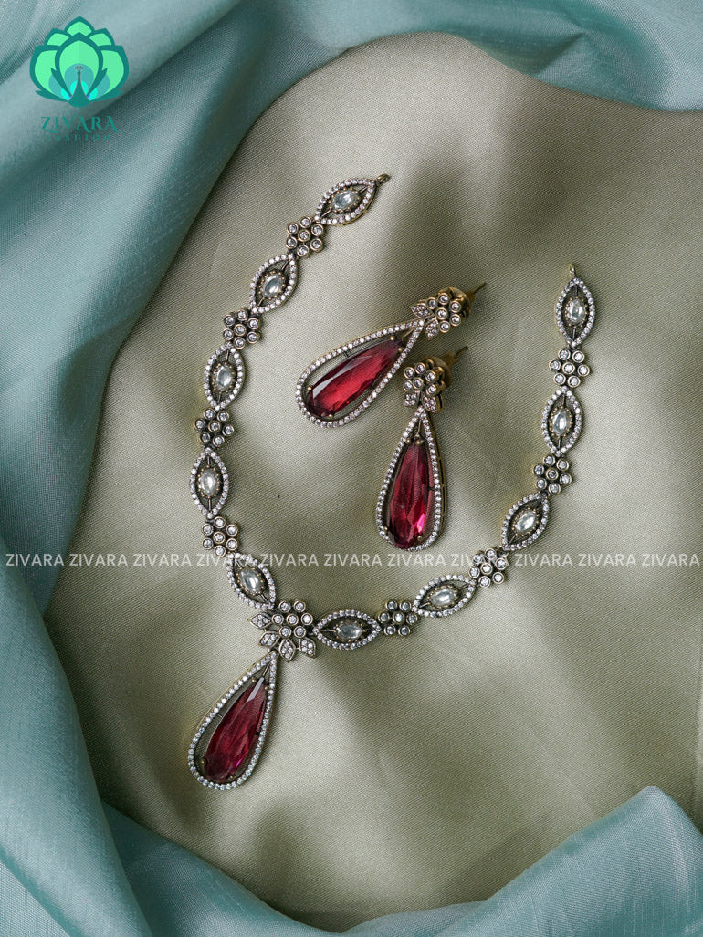 Red -Tear pendant - Diamond look alike  - Ultra premium victoria finish dark polish trending neckwear collection- bridal collection- Zivara Fashion