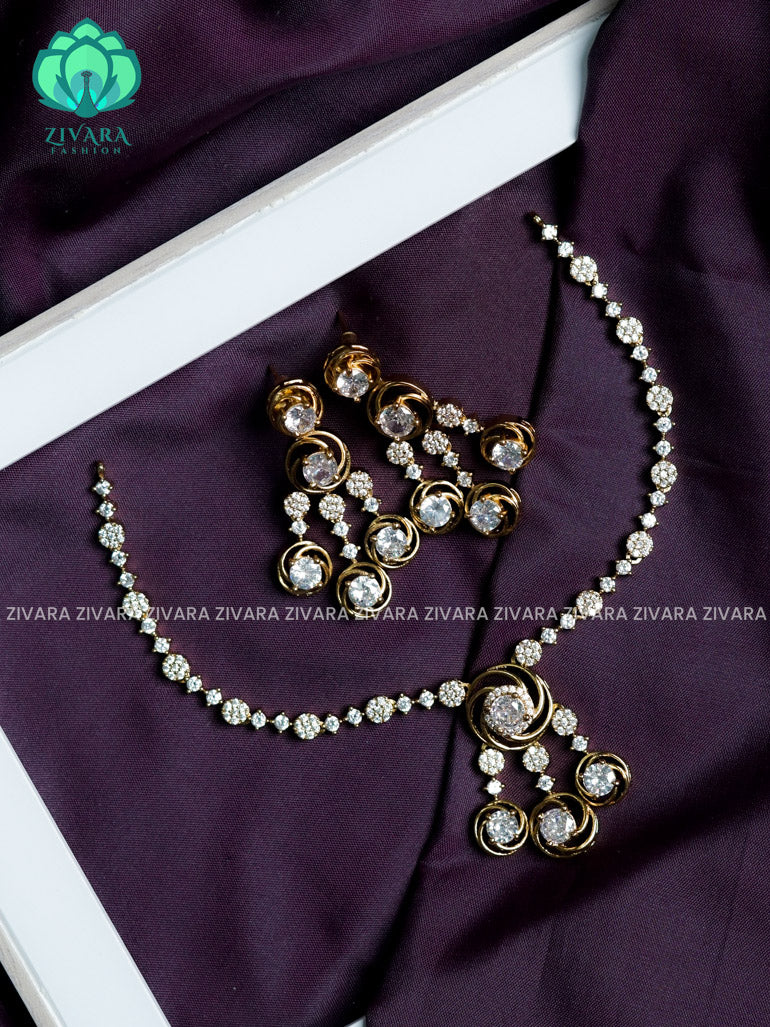 SPIRAL WHITE STONE PENDANT - stylish and minimal elegant neckwear with earrings- Zivara Fashion