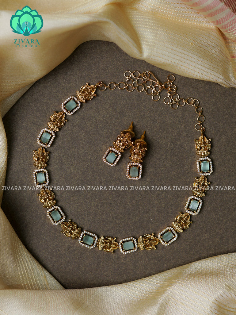 Pastel green temple  -Traditional south indian premium neckwear with earrings- Zivara Fashion- latest jewellery design.