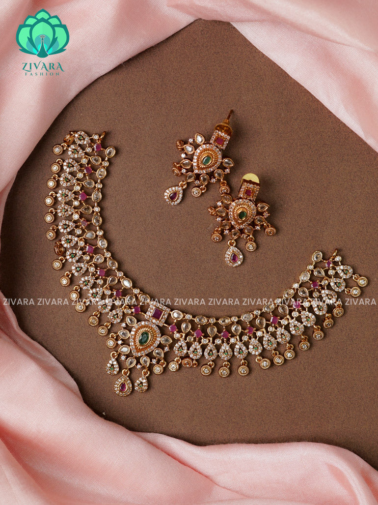Heavy bridal stone -Traditional south indian premium neckwear with earrings- Zivara Fashion- latest jewellery design.