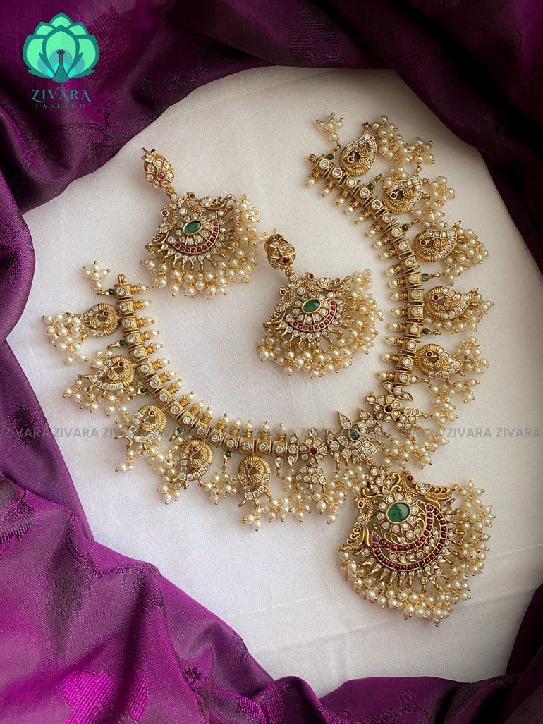 Bright shining finish bridal guttapusalu necklace with earrings CZ matte Finish- Zivara Fashion