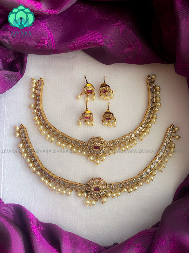 Kids friendly motif free elegant stone neckwear with earrings - latest jewellery designs- Zivara Fashion