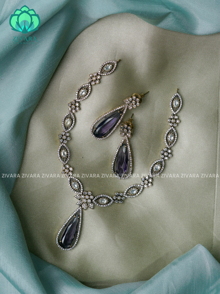 Purple -Tear pendant - Diamond look alike  - Ultra premium victoria finish dark polish trending neckwear collection- bridal collection- Zivara Fashion