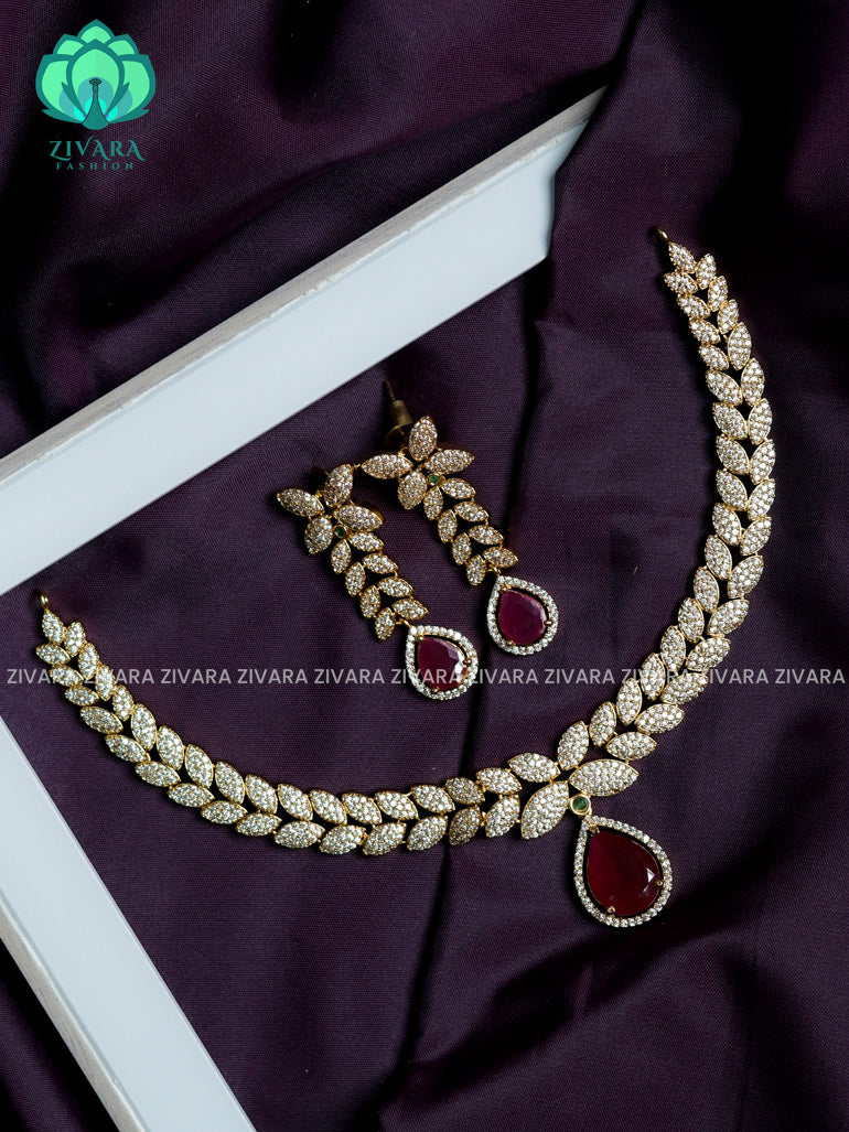 Leafy motif with red pendant - stylish and minimal elegant neckwear with earrings- Zivara Fashion