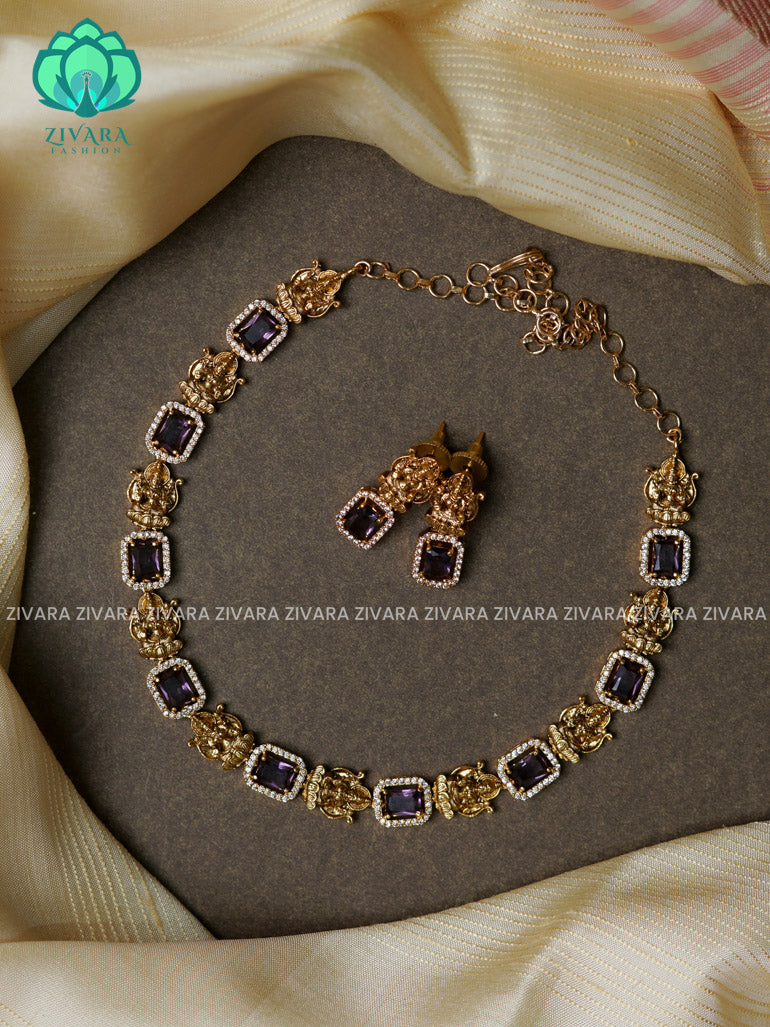 Purple stone Temple  -Traditional south indian premium neckwear with earrings- Zivara Fashion- latest jewellery design.