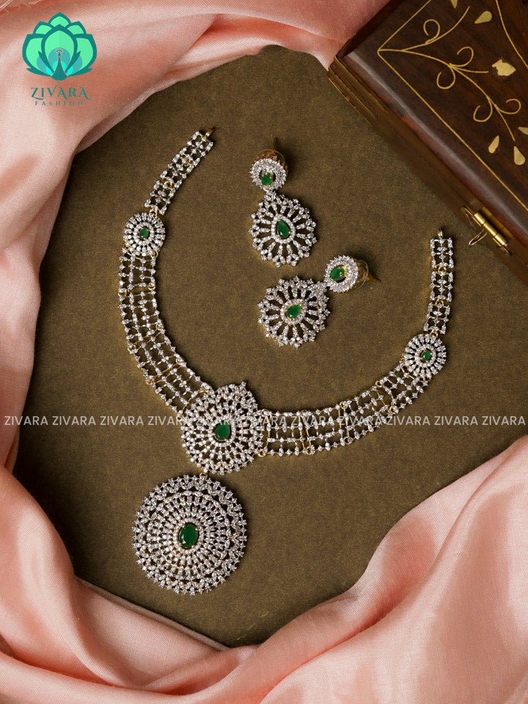 Green  - Small bridal pendant -Traditional south indian premium neckwear with earrings - Zivara Fashion- latest jewellery design.