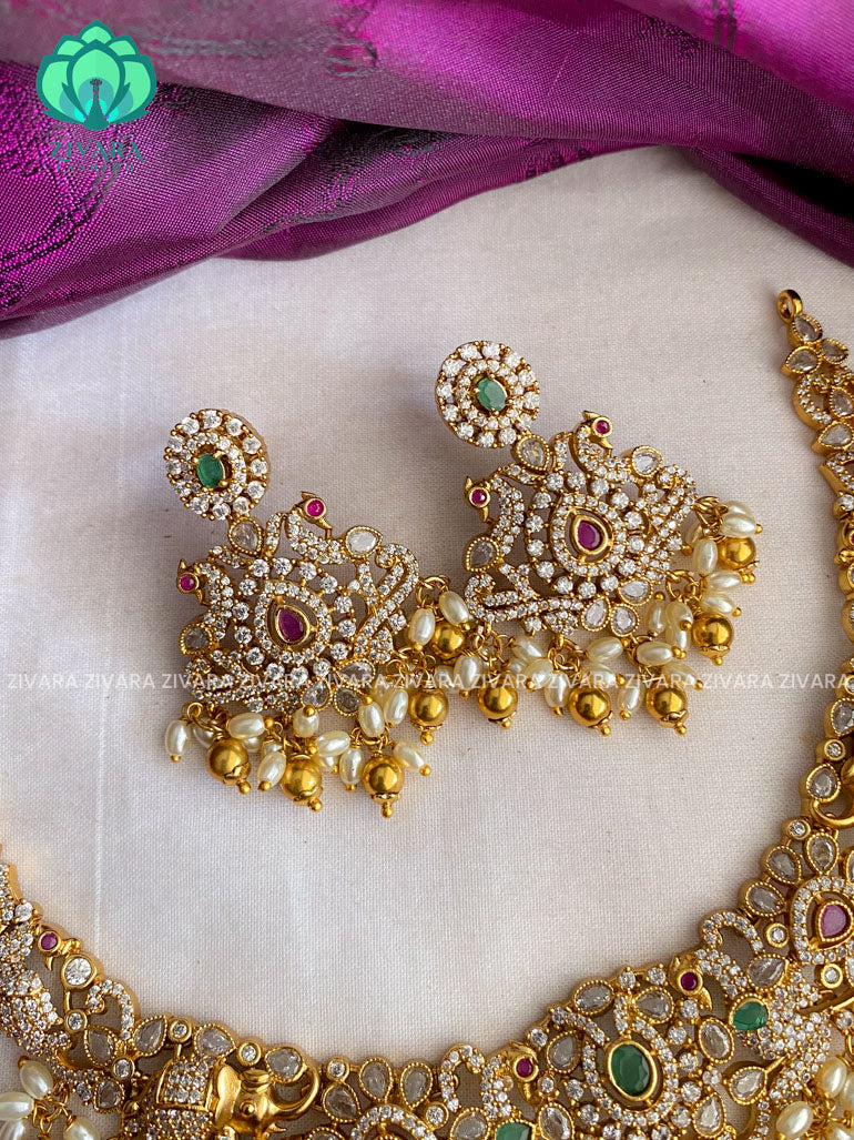 BEAUTIFUL STONE BRIDAL PENDANT NECKWEAR WITH EARRINGS   - Premium quality CZ Matte collection-south indian jewellery
